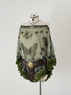 Sunspun Elegant, Vacation, Boho Chiffon Crinkle Tie-Dye Print Patchwork Fringe Trim Poncho Top, Spring/Summer/Fall