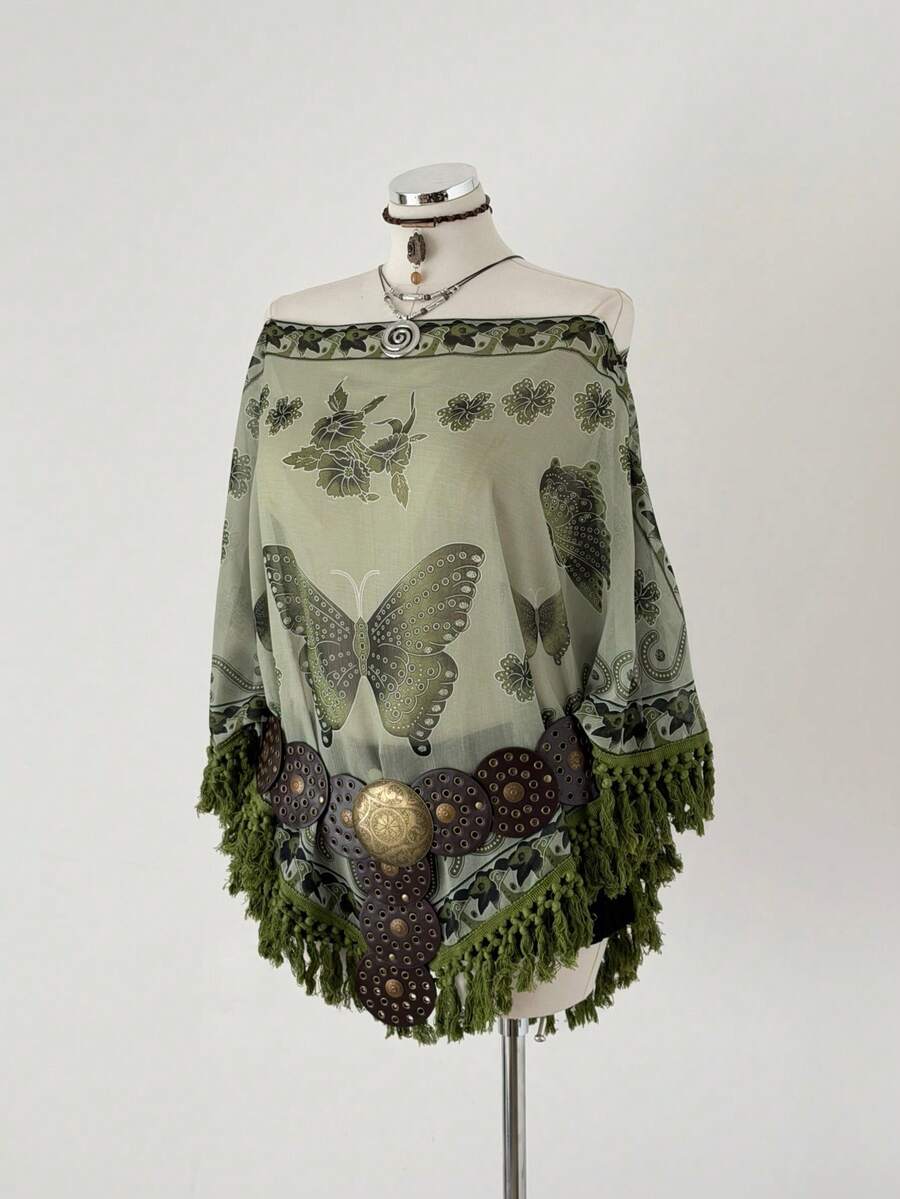 Sunspun Elegant, Vacation, Boho Chiffon Crinkle Tie-Dye Print Patchwork Fringe Trim Poncho Top, Spring/Summer/Fall