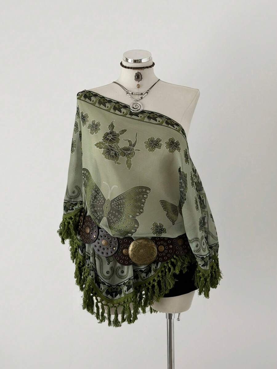 Sunspun Elegant, Vacation, Boho Chiffon Crinkle Tie-Dye Print Patchwork Fringe Trim Poncho Top, Spring/Summer/Fall