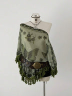 Sunspun Elegant, Vacation, Boho Chiffon Crinkle Tie-Dye Print Patchwork Fringe Trim Poncho Top, Spring/Summer/Fall