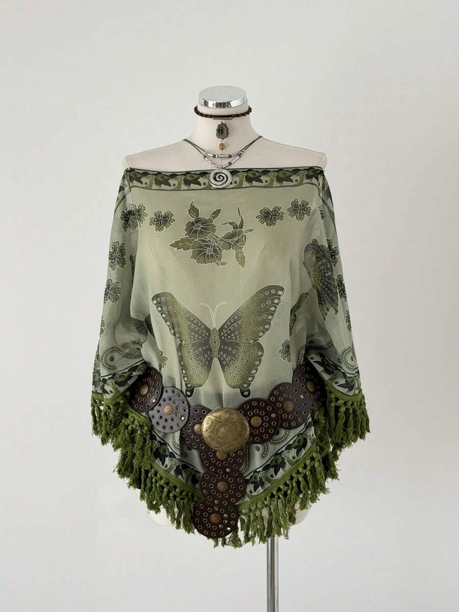 Sunspun Elegant, Vacation, Boho Chiffon Crinkle Tie-Dye Print Patchwork Fringe Trim Poncho Top, Spring/Summer/Fall