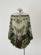 Sunspun Elegant, Vacation, Boho Chiffon Crinkle Tie-Dye Print Patchwork Fringe Trim Poncho Top, Spring/Summer/Fall