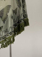 Sunspun Elegant, Vacation, Boho Chiffon Crinkle Tie-Dye Print Patchwork Fringe Trim Poncho Top, Spring/Summer/Fall