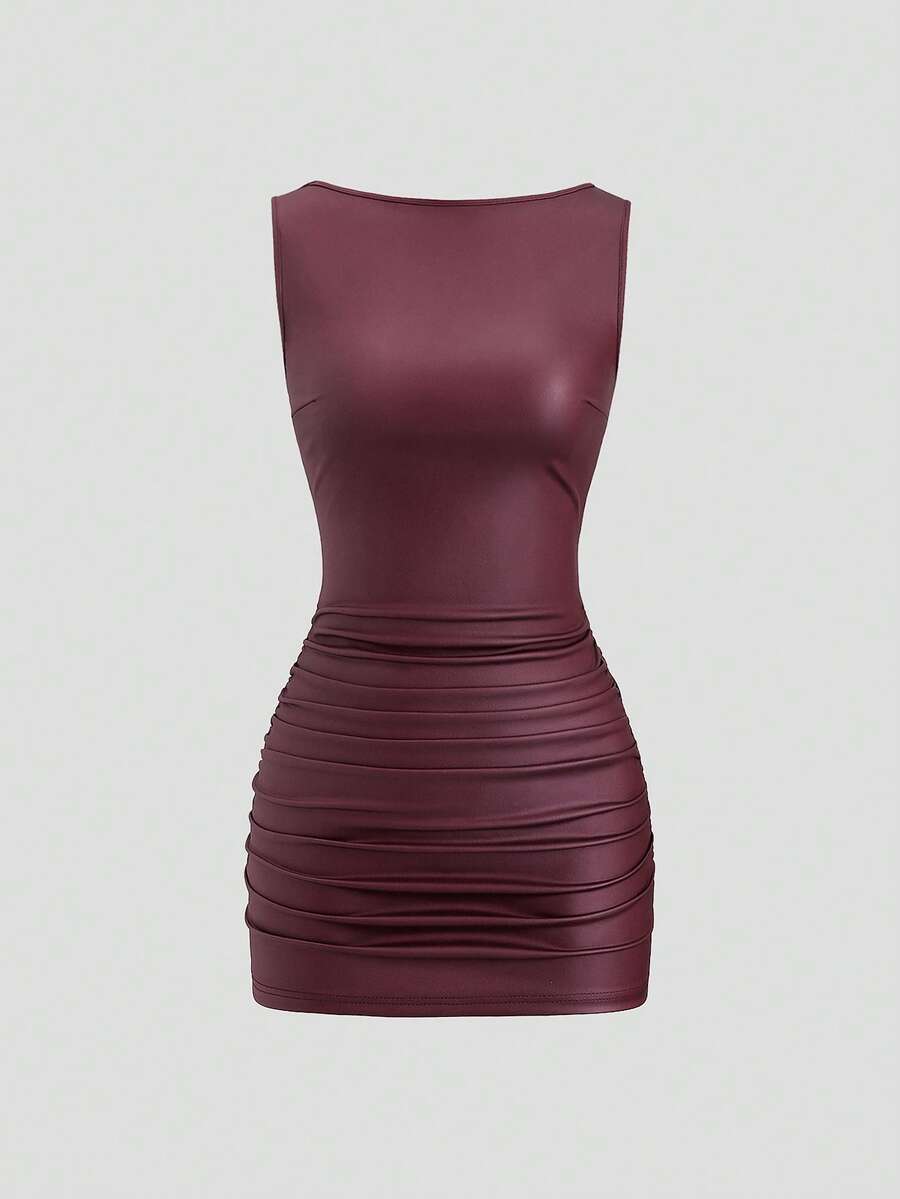 Sweetra New Fashion Wine Red Coated Elastic Fabric Off Shoulder Ruched Waist Slim Fit Mini Dress, High Neck Ruffle Detail, Suitable For Club Party, Cocktail, Commute, Daily Wear In Autumn/Winter