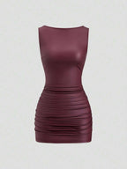 Sweetra New Fashion Wine Red Coated Elastic Fabric Off Shoulder Ruched Waist Slim Fit Mini Dress, High Neck Ruffle Detail, Suitable For Club Party, Cocktail, Commute, Daily Wear In Autumn/Winter