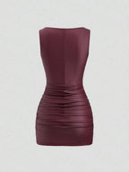 Sweetra New Fashion Wine Red Coated Elastic Fabric Off Shoulder Ruched Waist Slim Fit Mini Dress, High Neck Ruffle Detail, Suitable For Club Party, Cocktail, Commute, Daily Wear In Autumn/Winter