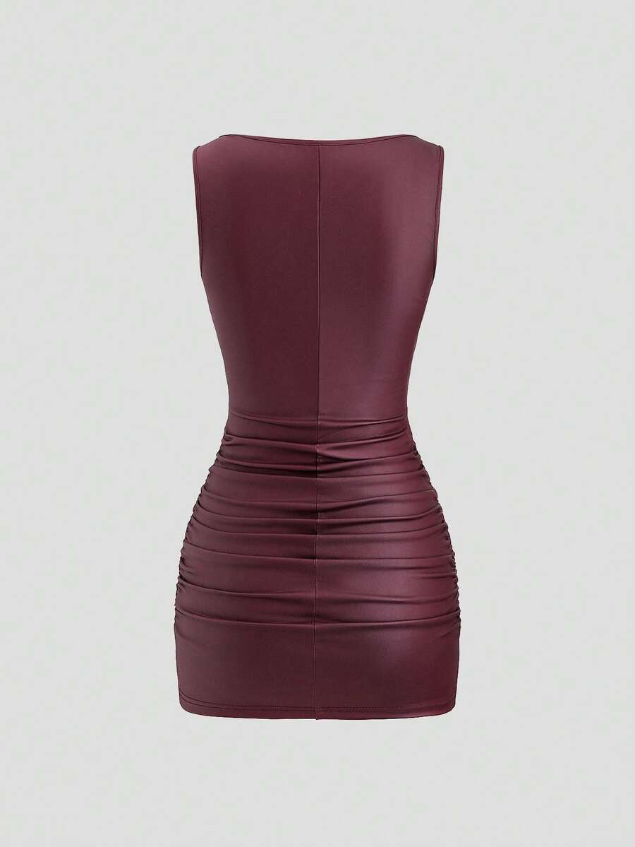 Sweetra New Fashion Wine Red Coated Elastic Fabric Off Shoulder Ruched Waist Slim Fit Mini Dress, High Neck Ruffle Detail, Suitable For Club Party, Cocktail, Commute, Daily Wear In Autumn/Winter