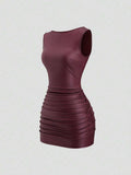 Sweetra New Fashion Wine Red Coated Elastic Fabric Off Shoulder Ruched Waist Slim Fit Mini Dress, High Neck Ruffle Detail, Suitable For Club Party, Cocktail, Commute, Daily Wear In Autumn/Winter