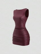Sweetra New Fashion Wine Red Coated Elastic Fabric Off Shoulder Ruched Waist Slim Fit Mini Dress, High Neck Ruffle Detail, Suitable For Club Party, Cocktail, Commute, Daily Wear In Autumn/Winter