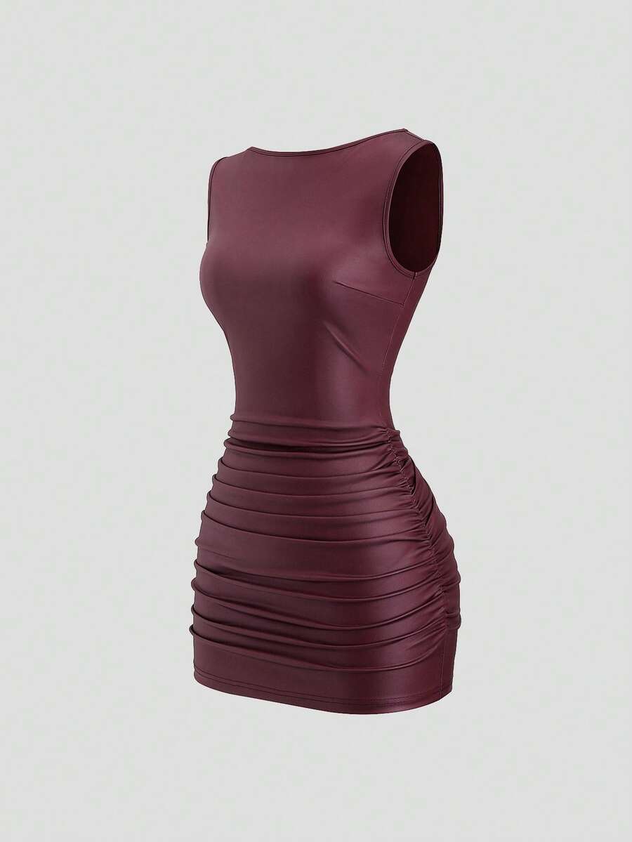 Sweetra New Fashion Wine Red Coated Elastic Fabric Off Shoulder Ruched Waist Slim Fit Mini Dress, High Neck Ruffle Detail, Suitable For Club Party, Cocktail, Commute, Daily Wear In Autumn/Winter