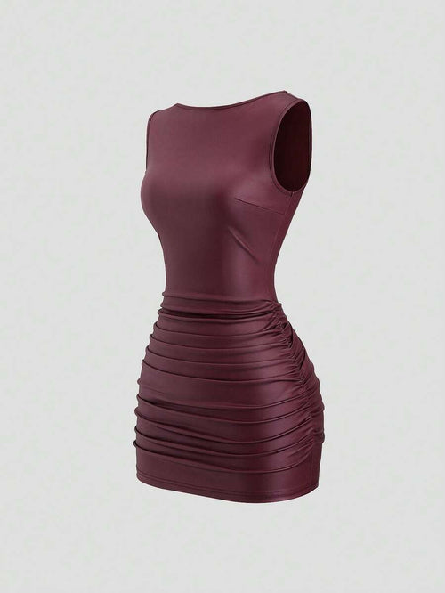 Sweetra New Fashion Wine Red Coated Elastic Fabric Off Shoulder Ruched Waist Slim Fit Mini Dress, High Neck Ruffle Detail, Suitable For Club Party, Cocktail, Commute, Daily Wear In Autumn/Winter