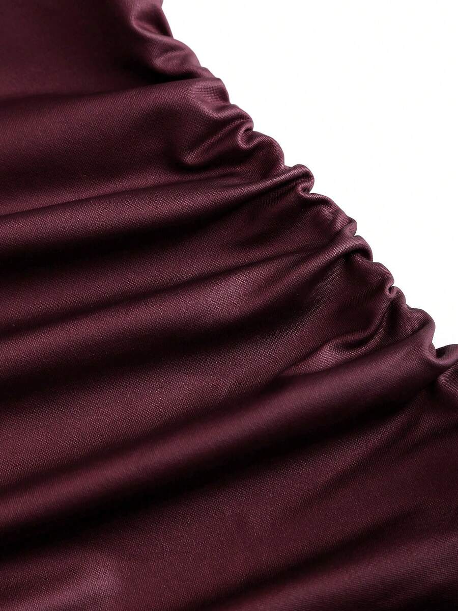 Sweetra New Fashion Wine Red Coated Elastic Fabric Off Shoulder Ruched Waist Slim Fit Mini Dress, High Neck Ruffle Detail, Suitable For Club Party, Cocktail, Commute, Daily Wear In Autumn/Winter