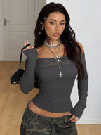 Coolane Women's Winter Streetwear Basic Casual Y2K Rib Knit Witchy Goth Music Festival  Lace Patchwork Off The Shoulder Warm/ Cold Weather/ Thermal Long Sleeve Black Top