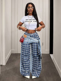 Slaydiva Women's High Waist Side Knot Plaid Wide Leg Loose Casual Jeans