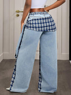 Slaydiva Women's High Waist Side Knot Plaid Wide Leg Loose Casual Jeans