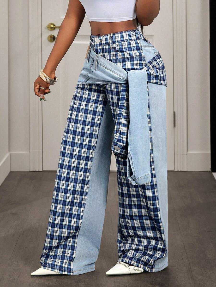 Slaydiva Women's High Waist Side Knot Plaid Wide Leg Loose Casual Jeans
