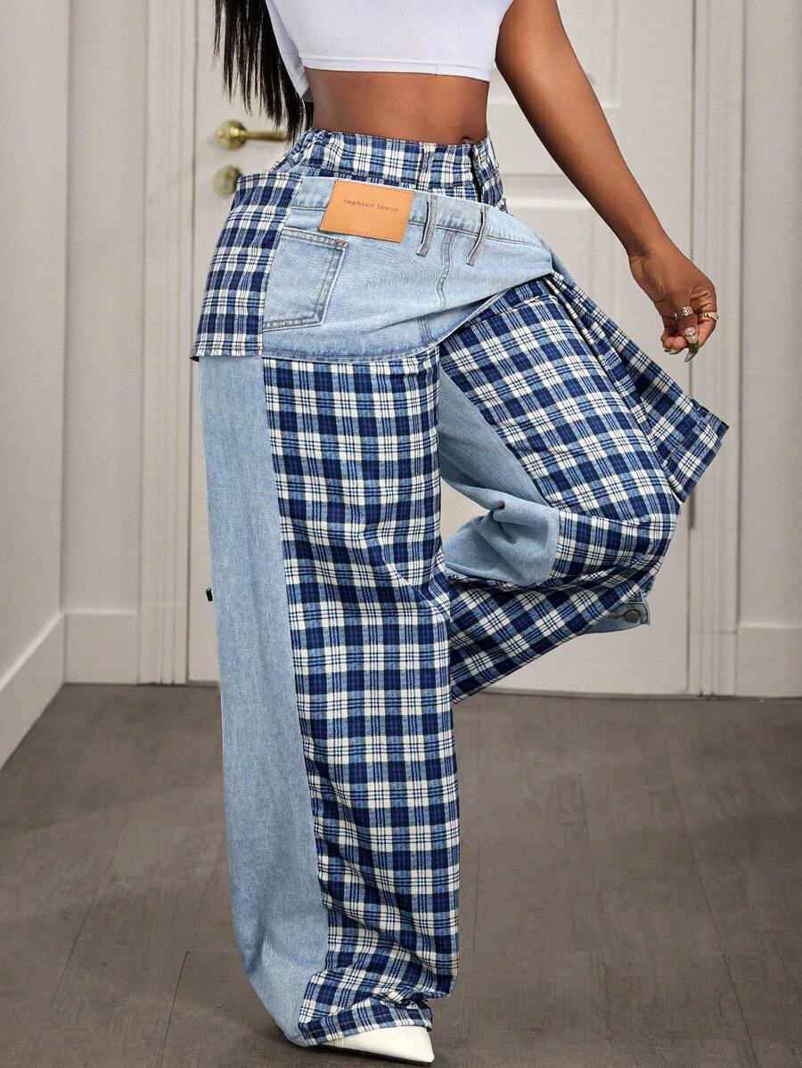 Slaydiva Women's High Waist Side Knot Plaid Wide Leg Loose Casual Jeans
