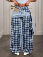 Slaydiva Women's High Waist Side Knot Plaid Wide Leg Loose Casual Jeans