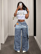 Slaydiva Women's High Waist Side Knot Plaid Wide Leg Loose Casual Jeans