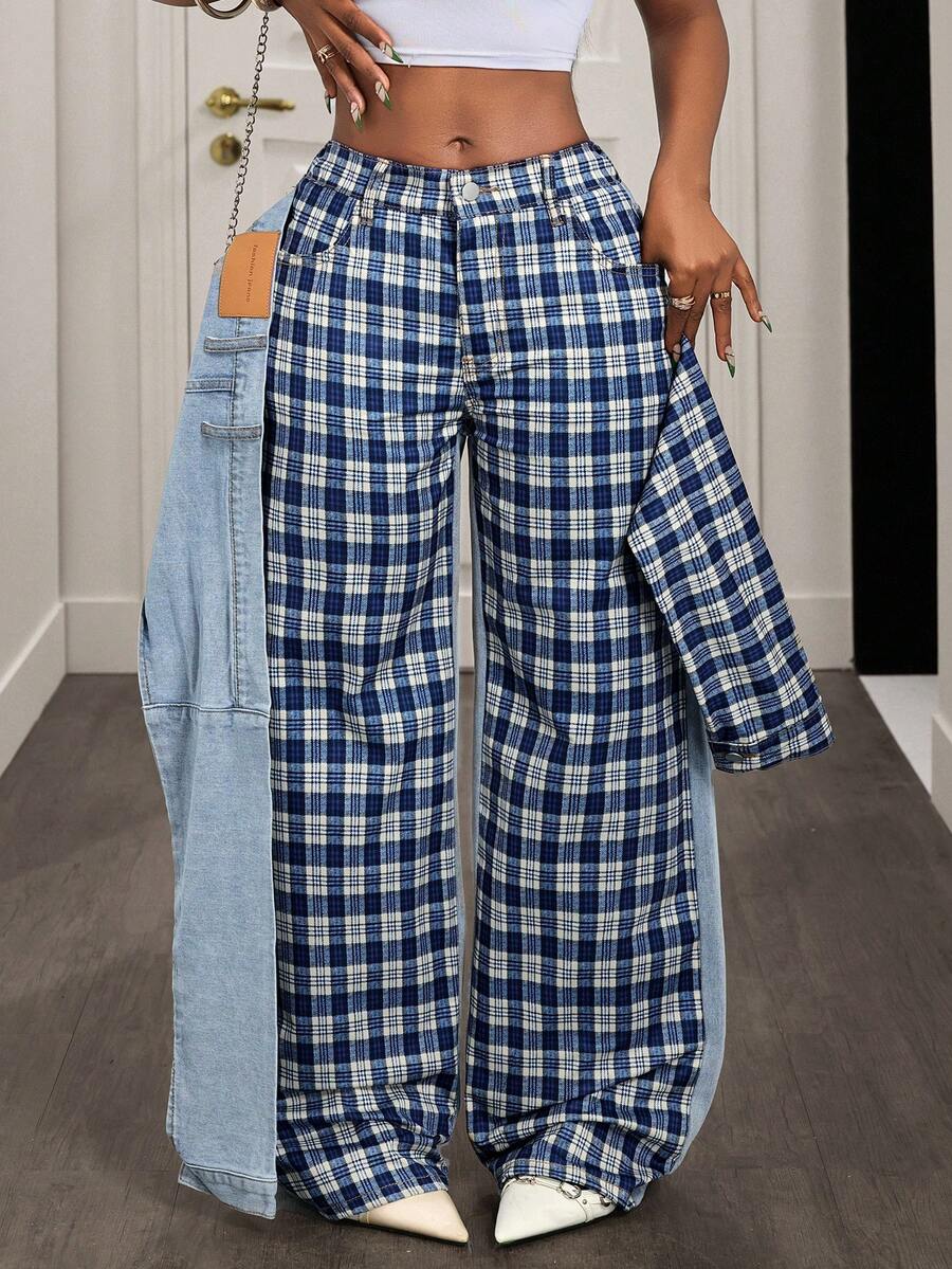 Slaydiva Women's High Waist Side Knot Plaid Wide Leg Loose Casual Jeans
