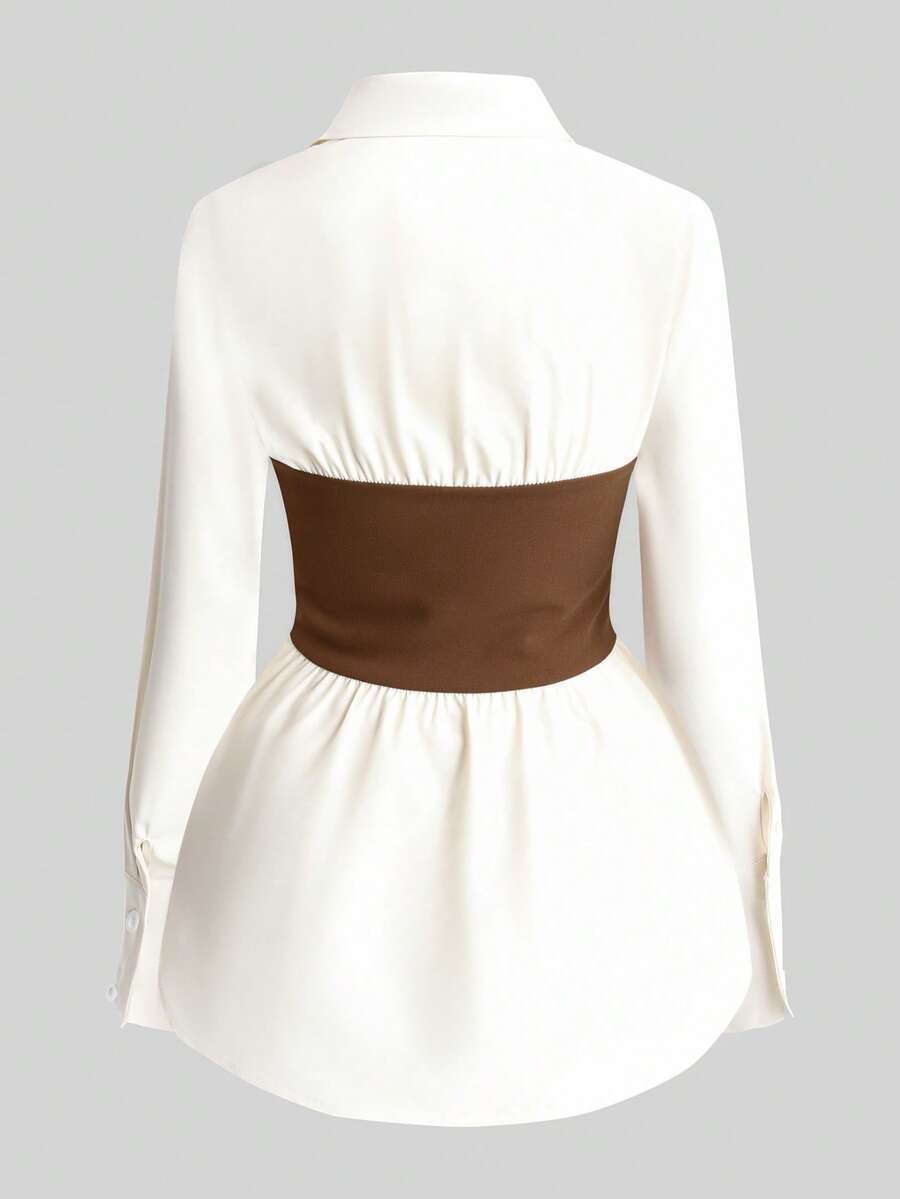 Franclia Women's 2 In 1 Elegant Patchwork Casual Long Sleeve Shirt Work Outfits Business Casual Woman Set Brown Outfit Work Outfit Office Outfit