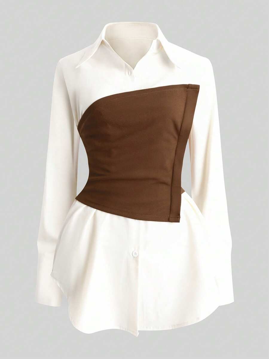 Franclia Women's 2 In 1 Elegant Patchwork Casual Long Sleeve Shirt Work Outfits Business Casual Woman Set Brown Outfit Work Outfit Office Outfit