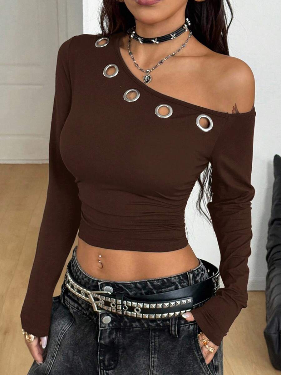 Coolane Women's Winter Streetwear Daily Wear Grunge Grommet Eyelet Essentials Knit Stretchy Comfy Asymmetrical Neck Ruched Black Long Sleeve Tops,Black Top