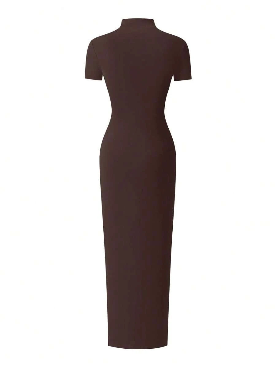EARO Women's Long Slit Bodycon Dress, High-End Elegant Fashion Casual Versatile Layering Dress, TighRucheded Long Sleeve High Neck Knit Stretchy Mini Dress