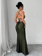 Selianne V-Neck Contrast Lace Backless Criss-Cross Strap Fishnet Mermaid Hem Bodycon Slip Dress For Women Maxi Women Outfit