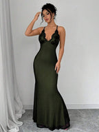 Selianne V-Neck Contrast Lace Backless Criss-Cross Strap Fishnet Mermaid Hem Bodycon Slip Dress For Women Maxi Women Outfit