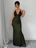 Selianne V-Neck Contrast Lace Backless Criss-Cross Strap Fishnet Mermaid Hem Bodycon Slip Dress For Women Maxi Women Outfit