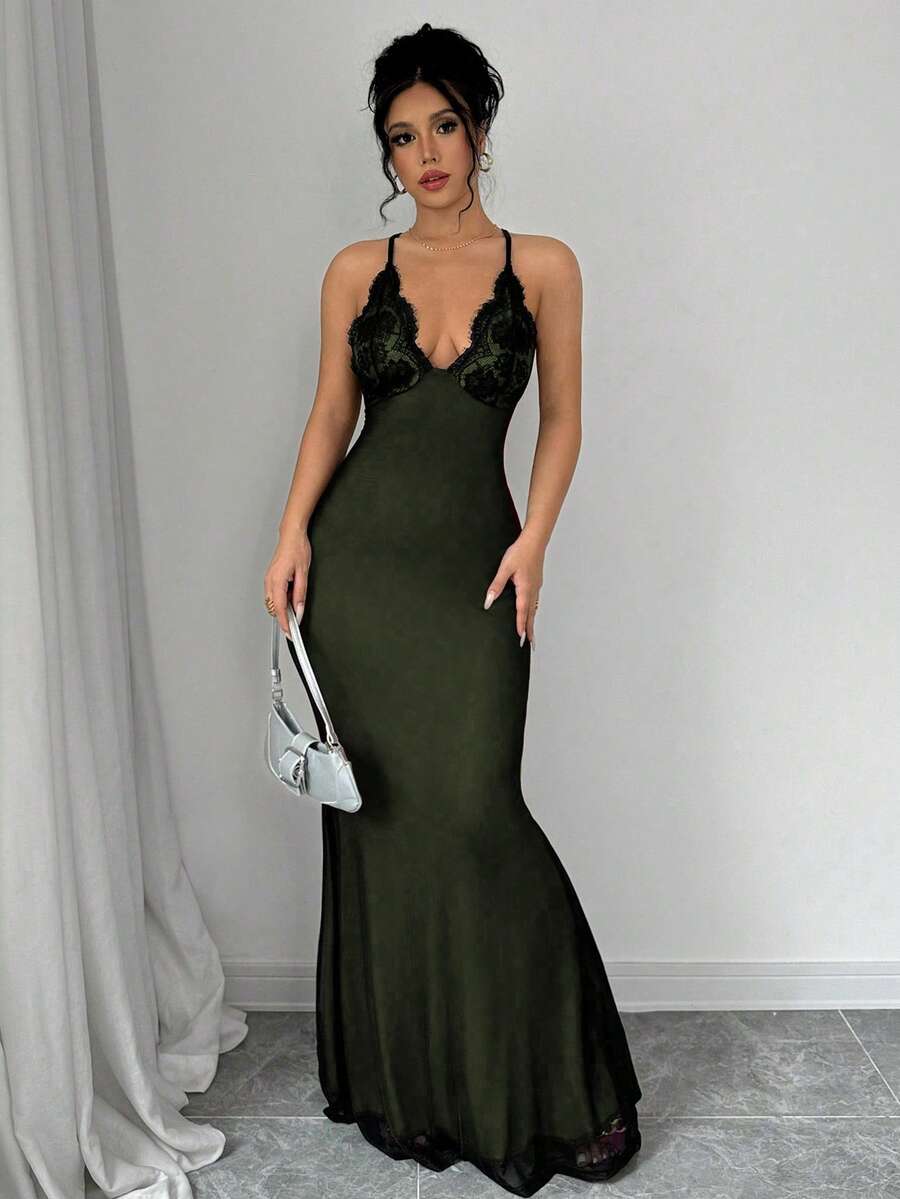 Selianne V-Neck Contrast Lace Backless Criss-Cross Strap Fishnet Mermaid Hem Bodycon Slip Dress For Women Maxi Women Outfit