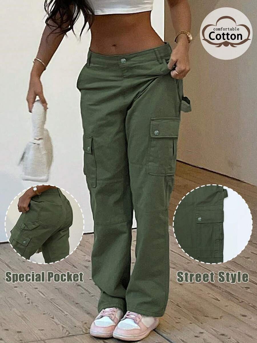 GILIPUR New Solid Color Women's Cargo Wide-Leg Pants, Elastic Waist Design, Multiple Pockets, Casual Style, Y2K Style, Elegant And Fashionable, Suitable Streetwear, 2000s Style, Autumn And Winter Outfits, Retro Clothing Style Perfect For New Year Winter And Thanksgiving