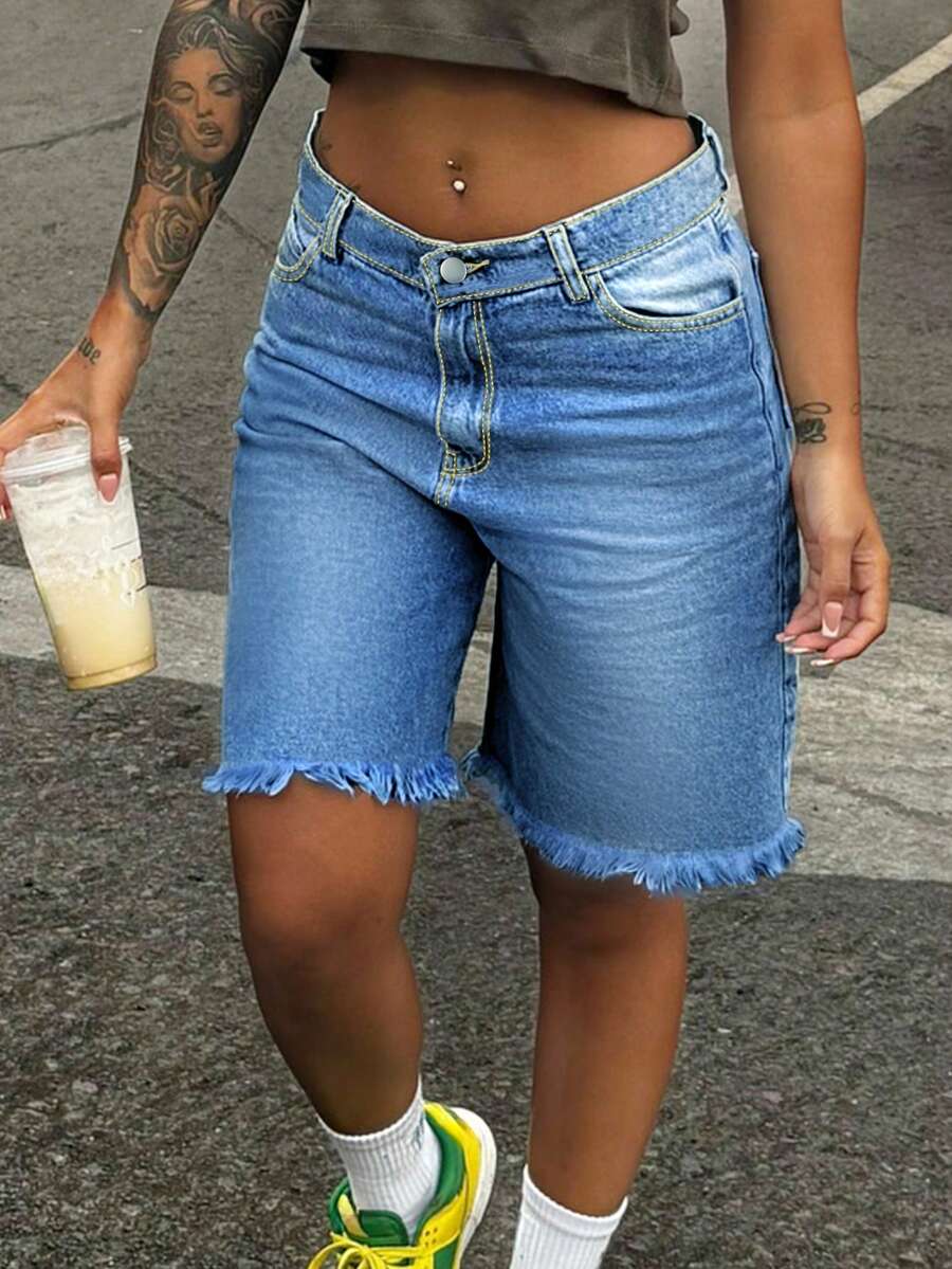Women's Straight Leg Denim Shorts, Slim Fit 7/8 Length, With Pockets, Casual Non-Stretch Frayed Hem Shorts, Suitable For Daily Wear