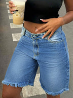 Women's Straight Leg Denim Shorts, Slim Fit 7/8 Length, With Pockets, Casual Non-Stretch Frayed Hem Shorts, Suitable For Daily Wear