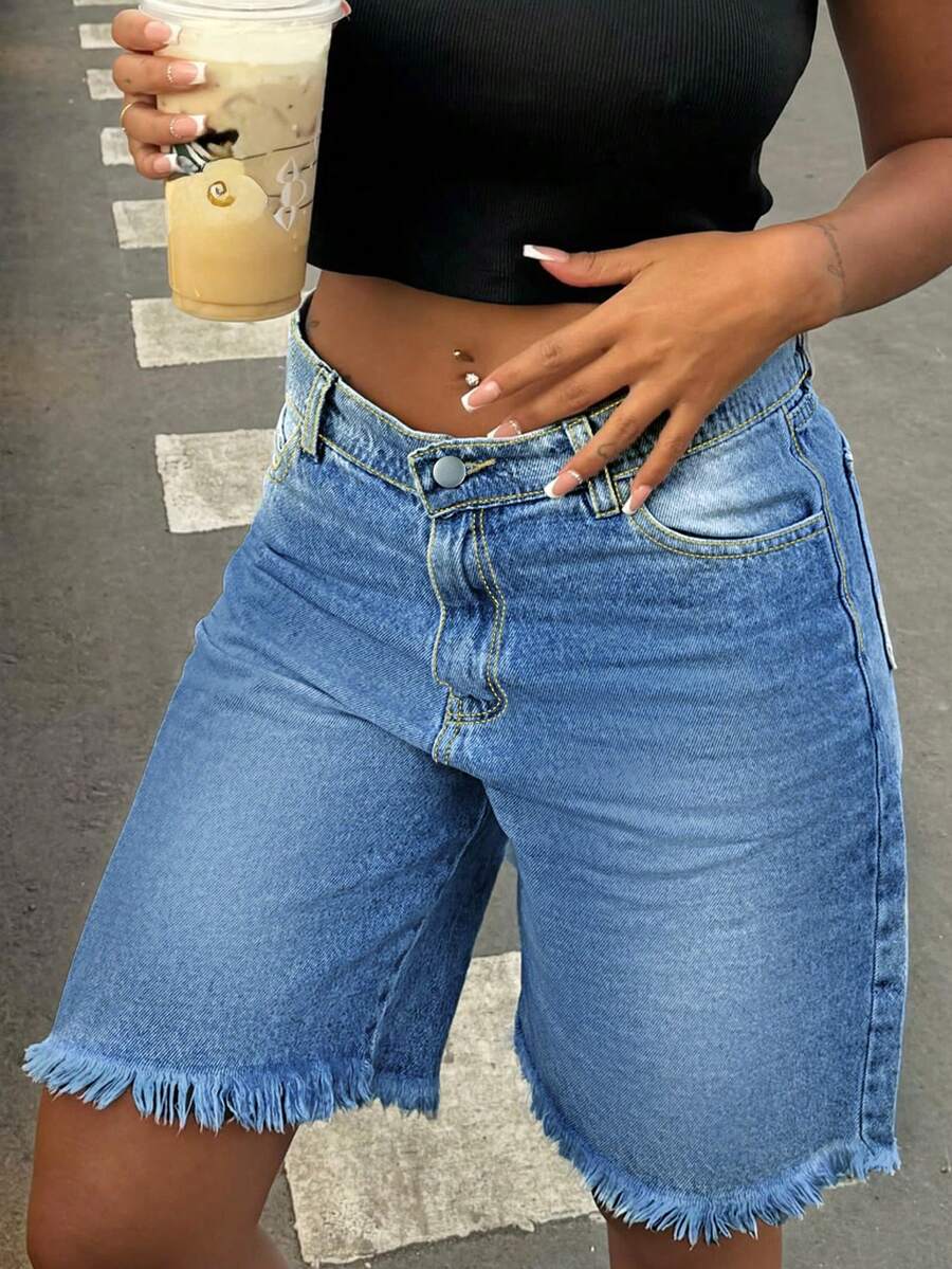 Women's Straight Leg Denim Shorts, Slim Fit 7/8 Length, With Pockets, Casual Non-Stretch Frayed Hem Shorts, Suitable For Daily Wear