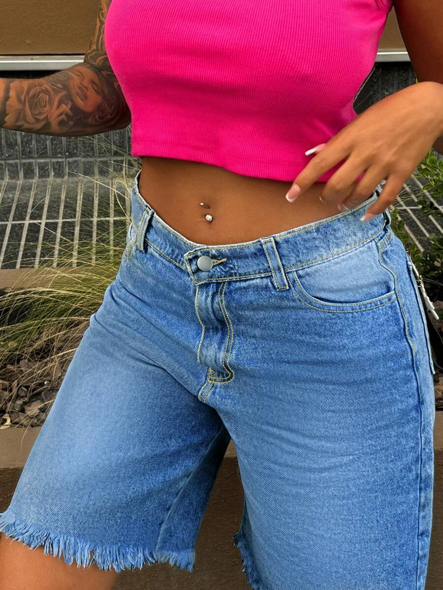 Women's Straight Leg Denim Shorts, Slim Fit 7/8 Length, With Pockets, Casual Non-Stretch Frayed Hem Shorts, Suitable For Daily Wear