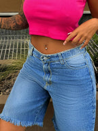 Women's Straight Leg Denim Shorts, Slim Fit 7/8 Length, With Pockets, Casual Non-Stretch Frayed Hem Shorts, Suitable For Daily Wear