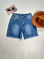 Women's Straight Leg Denim Shorts, Slim Fit 7/8 Length, With Pockets, Casual Non-Stretch Frayed Hem Shorts, Suitable For Daily Wear