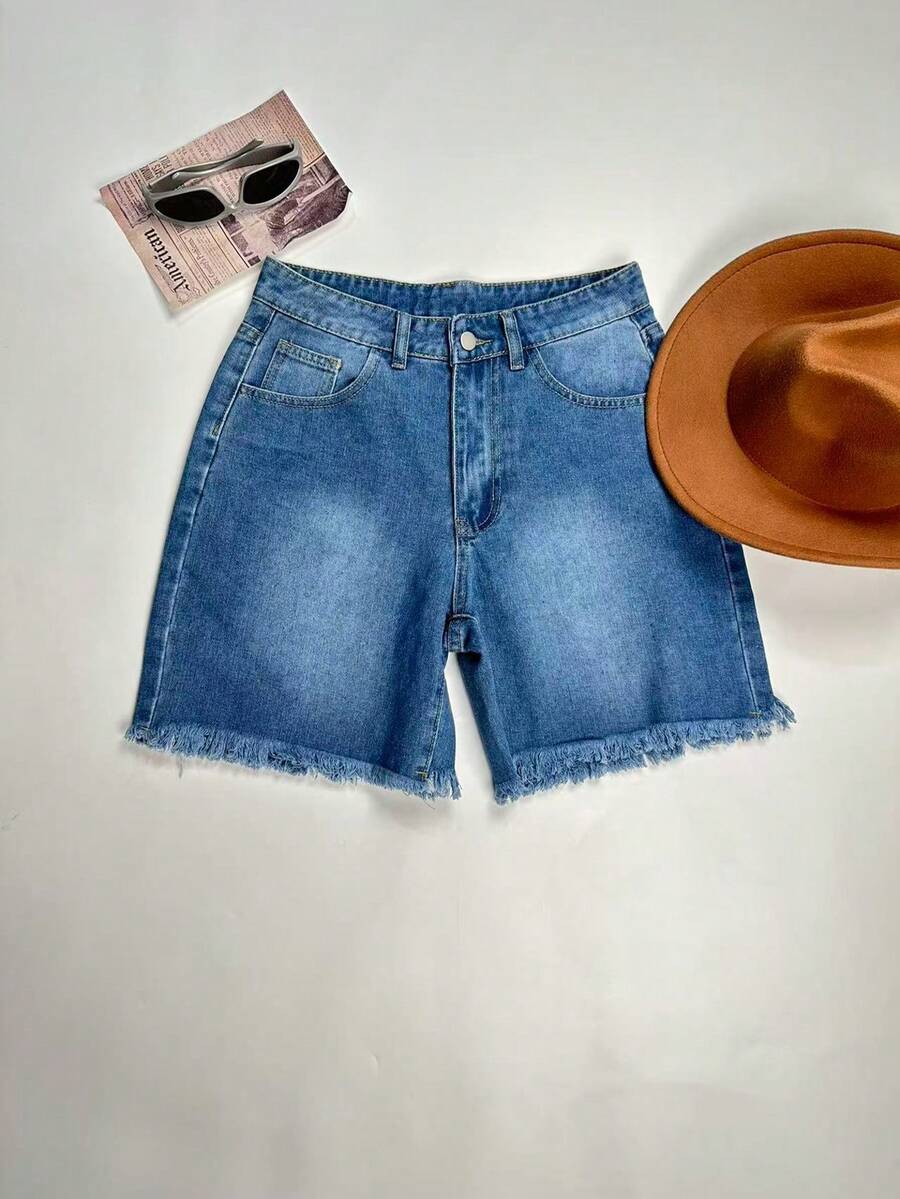 Women's Straight Leg Denim Shorts, Slim Fit 7/8 Length, With Pockets, Casual Non-Stretch Frayed Hem Shorts, Suitable For Daily Wear
