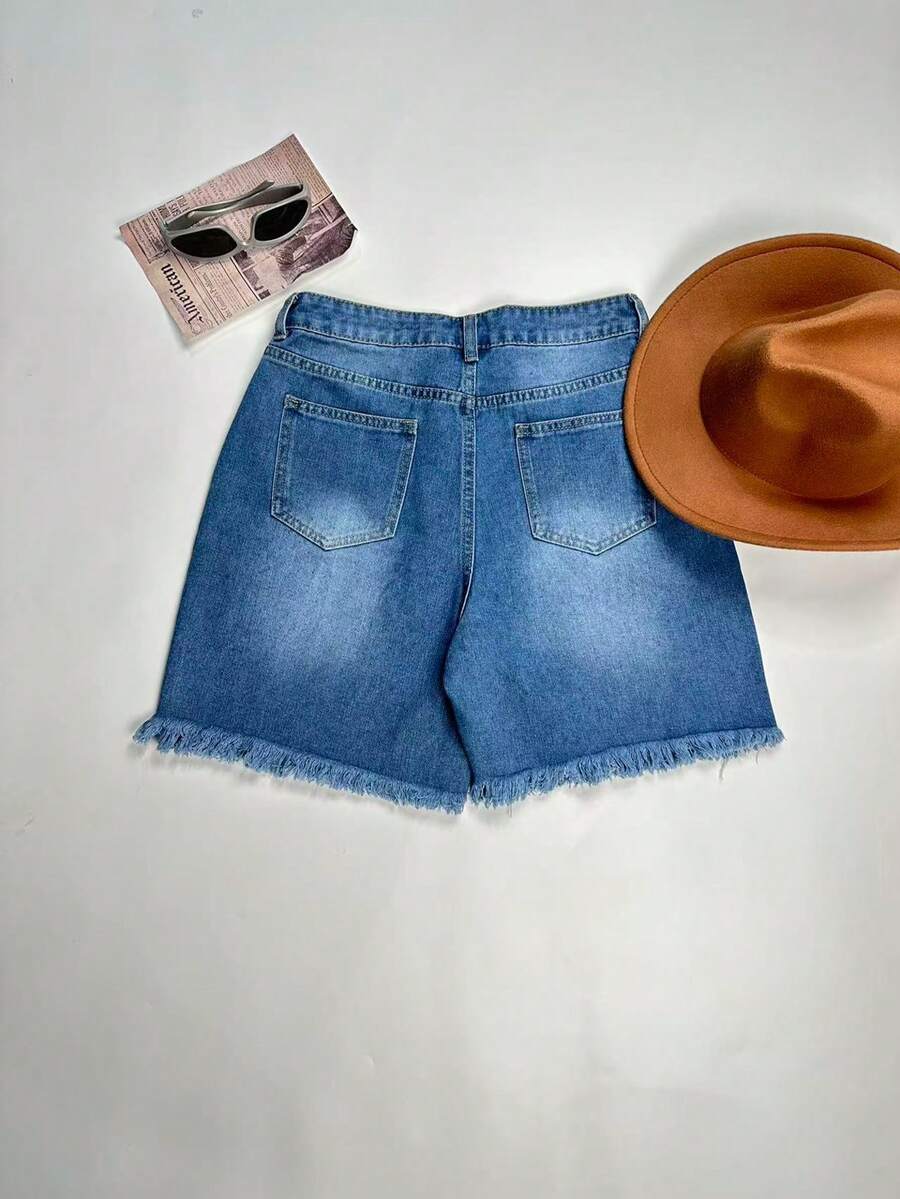 Women's Straight Leg Denim Shorts, Slim Fit 7/8 Length, With Pockets, Casual Non-Stretch Frayed Hem Shorts, Suitable For Daily Wear