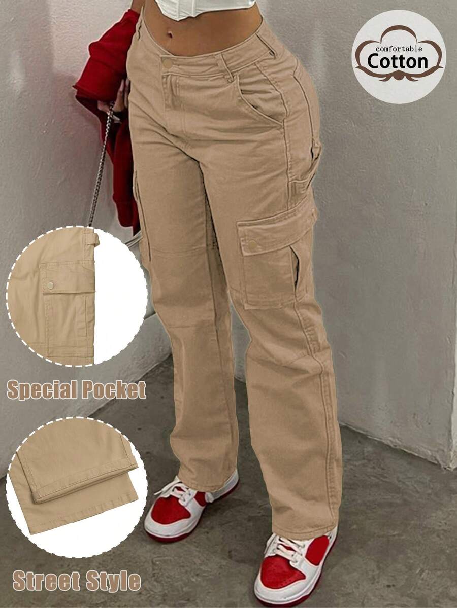 GILIPUR New Solid Color Women's Cargo Wide-Leg Pants, Elastic Waist Design, Multiple Pockets, Casual Style, Y2K Style, Elegant And Fashionable, Suitable Streetwear, 2000s Style, Autumn And Winter Outfits, Retro Clothing Style Perfect For New Year Winter And Thanksgiving