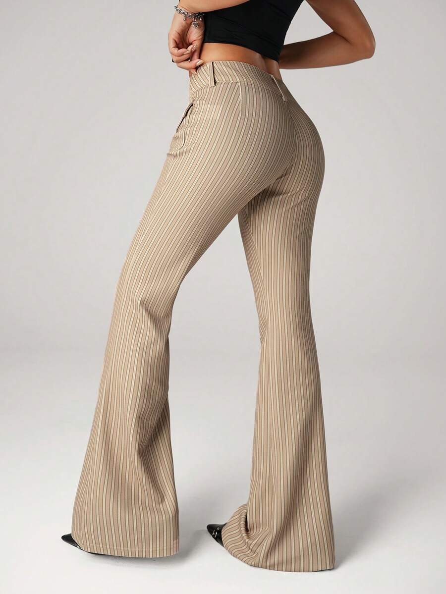 SHEIN ICON Low-Waist Slim-Fit Striped Flare Pants With Attached Pocket, Black And White