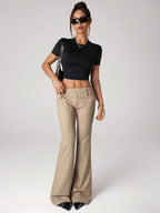 SHEIN ICON Low-Waist Slim-Fit Striped Flare Pants With Attached Pocket, Black And White