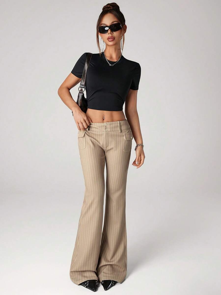 SHEIN ICON Low-Waist Slim-Fit Striped Flare Pants With Attached Pocket, Black And White