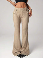 SHEIN ICON Low-Waist Slim-Fit Striped Flare Pants With Attached Pocket, Black And White