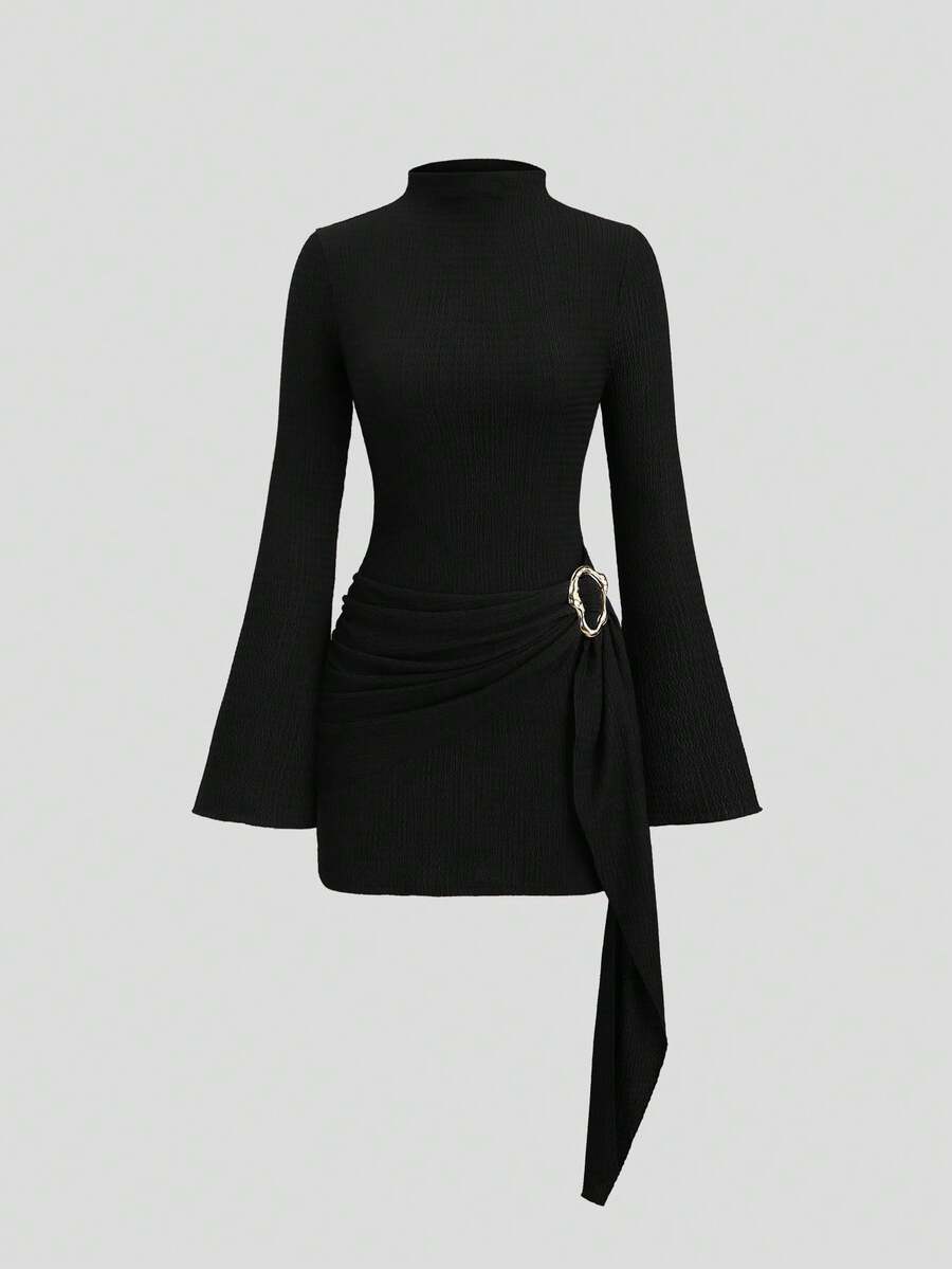 Sweetra Women's Stand Collar Cinched Waist Minimalist Flare Sleeve Bodycon Midi Dress