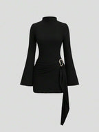 Sweetra Women's Stand Collar Cinched Waist Minimalist Flare Sleeve Bodycon Midi Dress