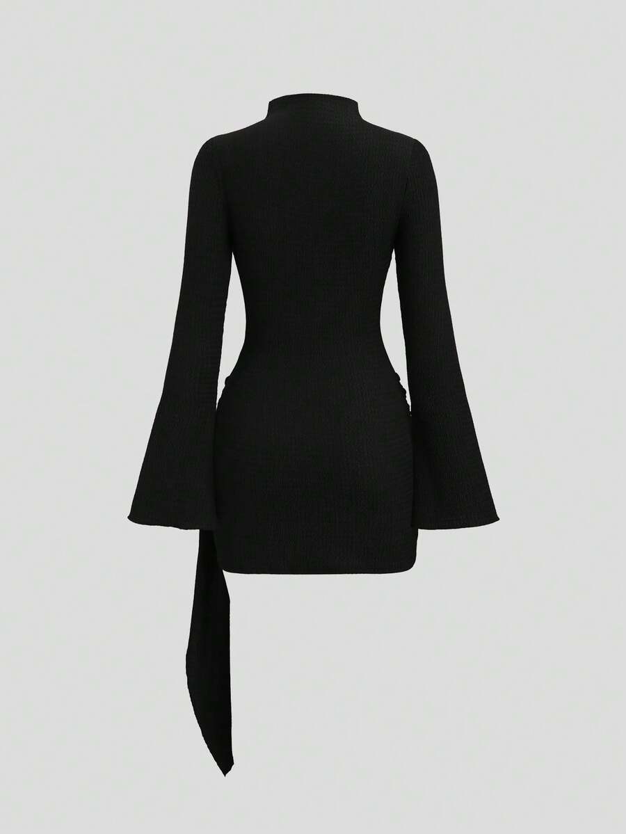 Sweetra Women's Stand Collar Cinched Waist Minimalist Flare Sleeve Bodycon Midi Dress