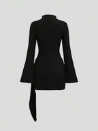 Sweetra Women's Stand Collar Cinched Waist Minimalist Flare Sleeve Bodycon Midi Dress
